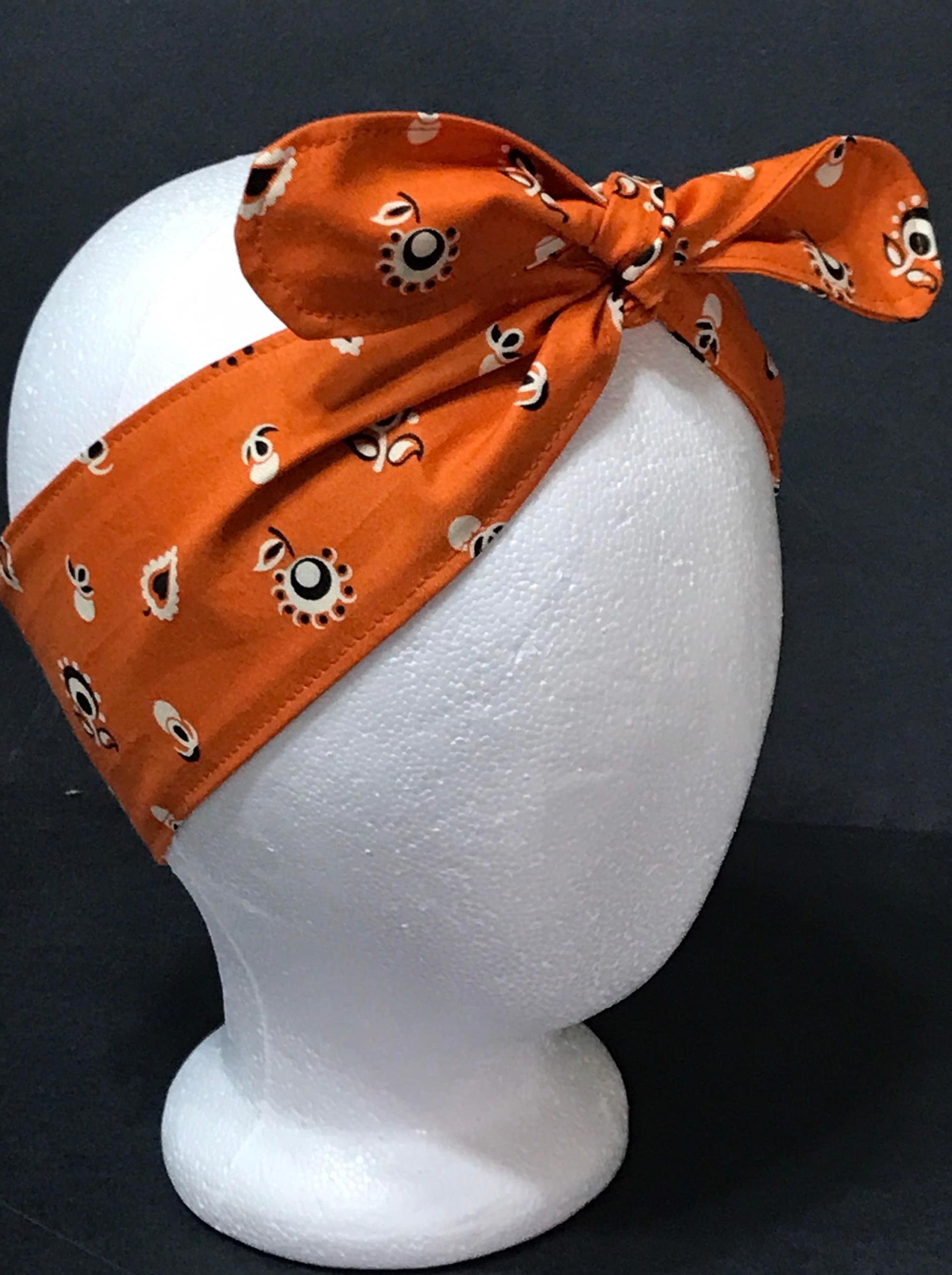 3” Wide Burnt Orange Floral Bandana Print Headband, self tie, hair wrap, pin up style, hair tie, retro style, rockabilly