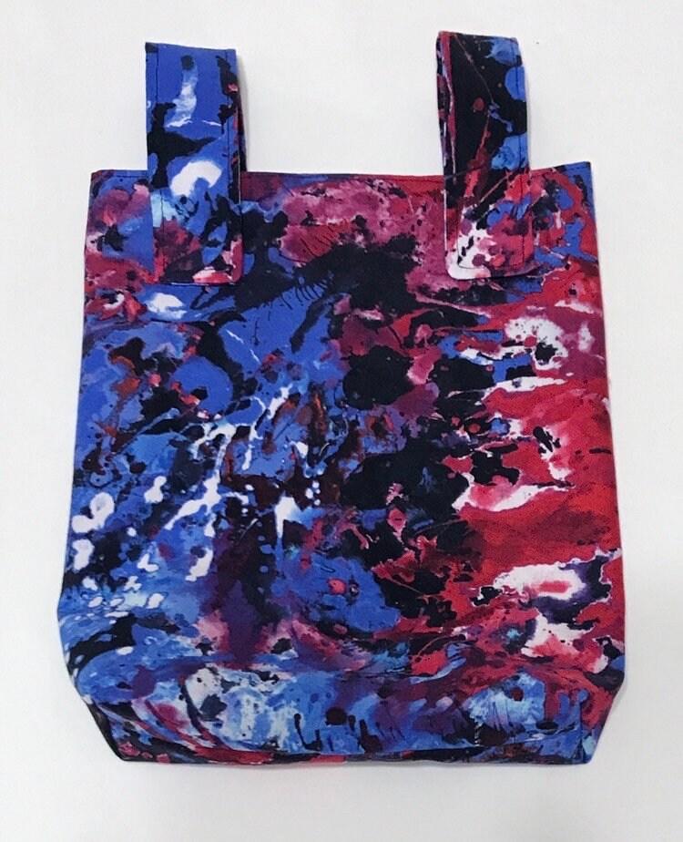Simple small basic crutch bag, walker bag, scooter handlebars bag, bed rail caddy, hook & loop, red white blue paint splash, hanging bag