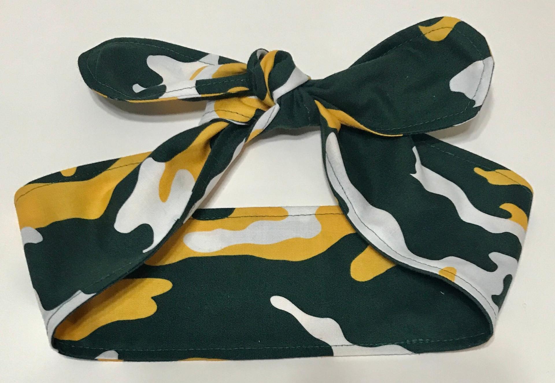 3” Wide Camouflage headband, self tie, hair wrap, pin up style, hair tie, retro style, rockabilly, green yellow white