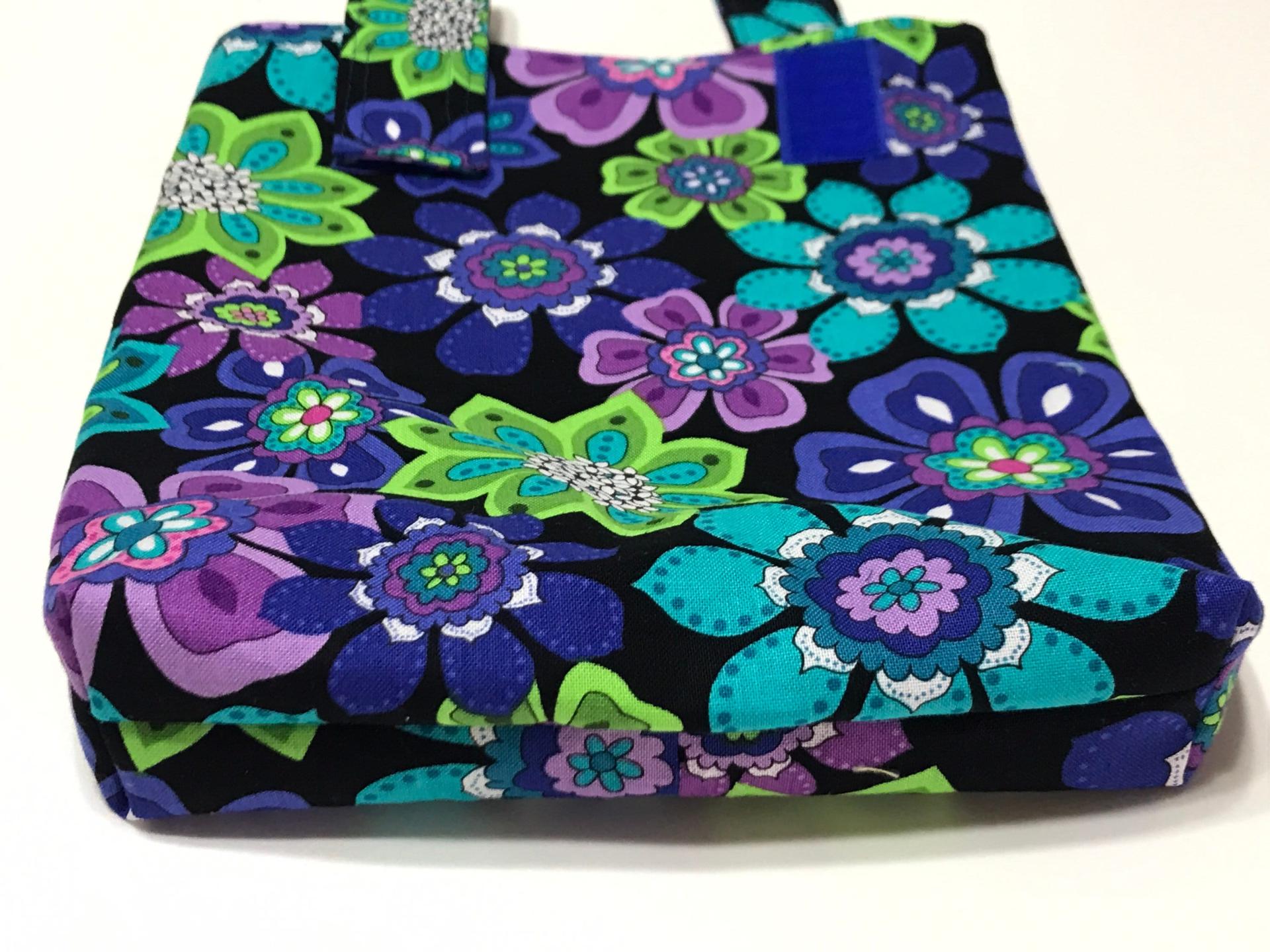 Simple basic crutch bag, walker bag, scooter handlebars bag, bed rail caddy, hook & loop, hanging bag, blue purple green flowers, retro