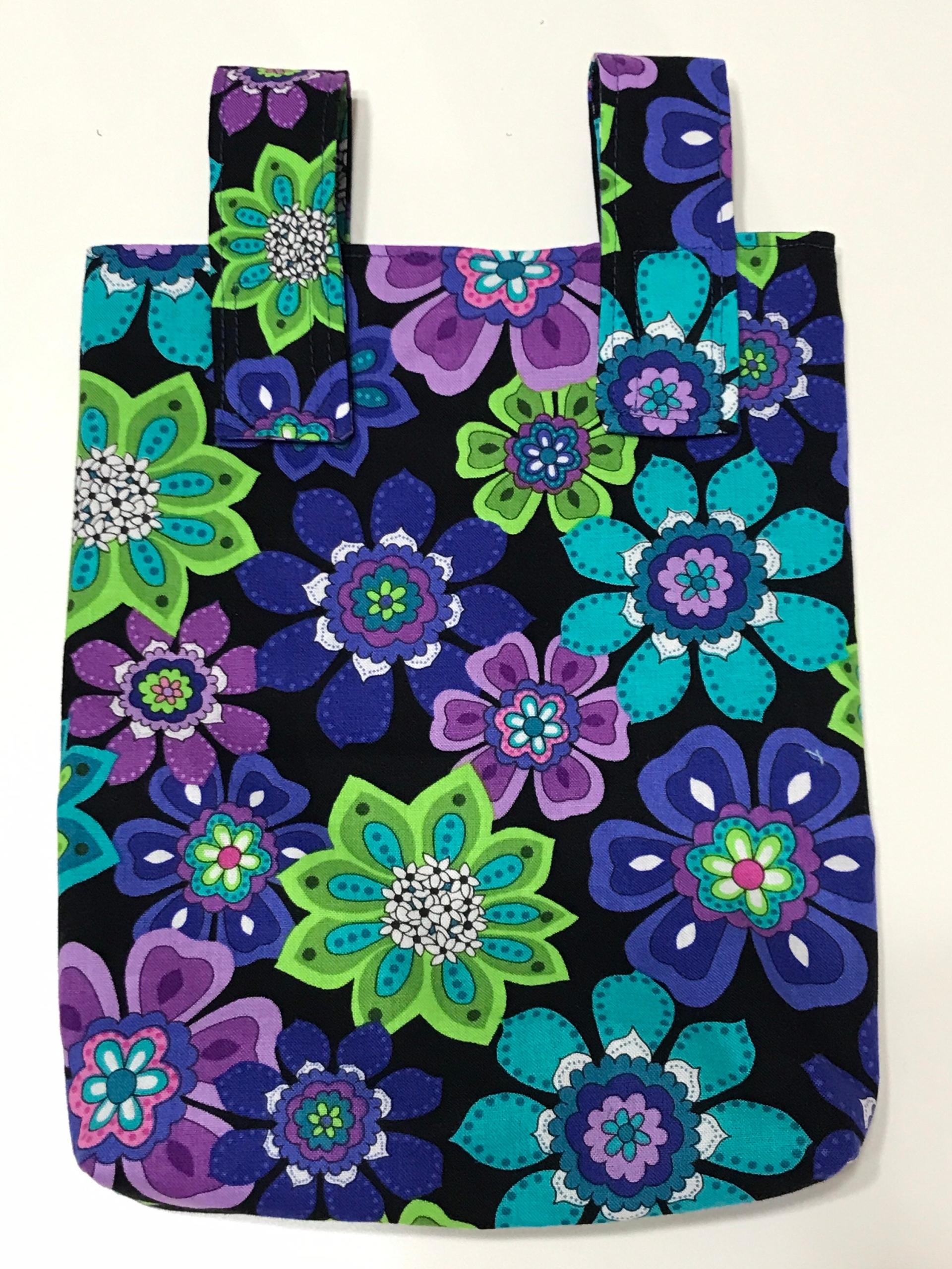 Simple basic crutch bag, walker bag, scooter handlebars bag, bed rail caddy, hook & loop, hanging bag, blue purple green flowers, retro