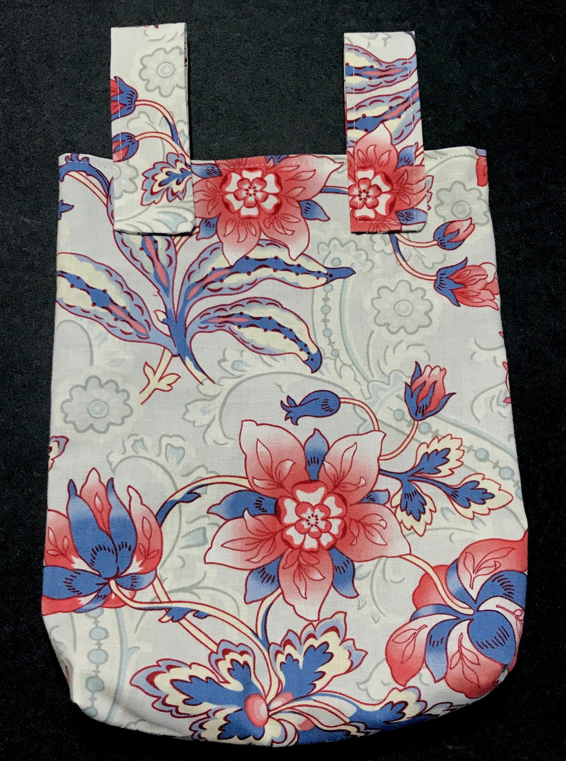 Simple small basic crutch bag, walker bag, scooter handlebars bag, bed rail caddy, hook & loop, hanging bag, red white and blue floral