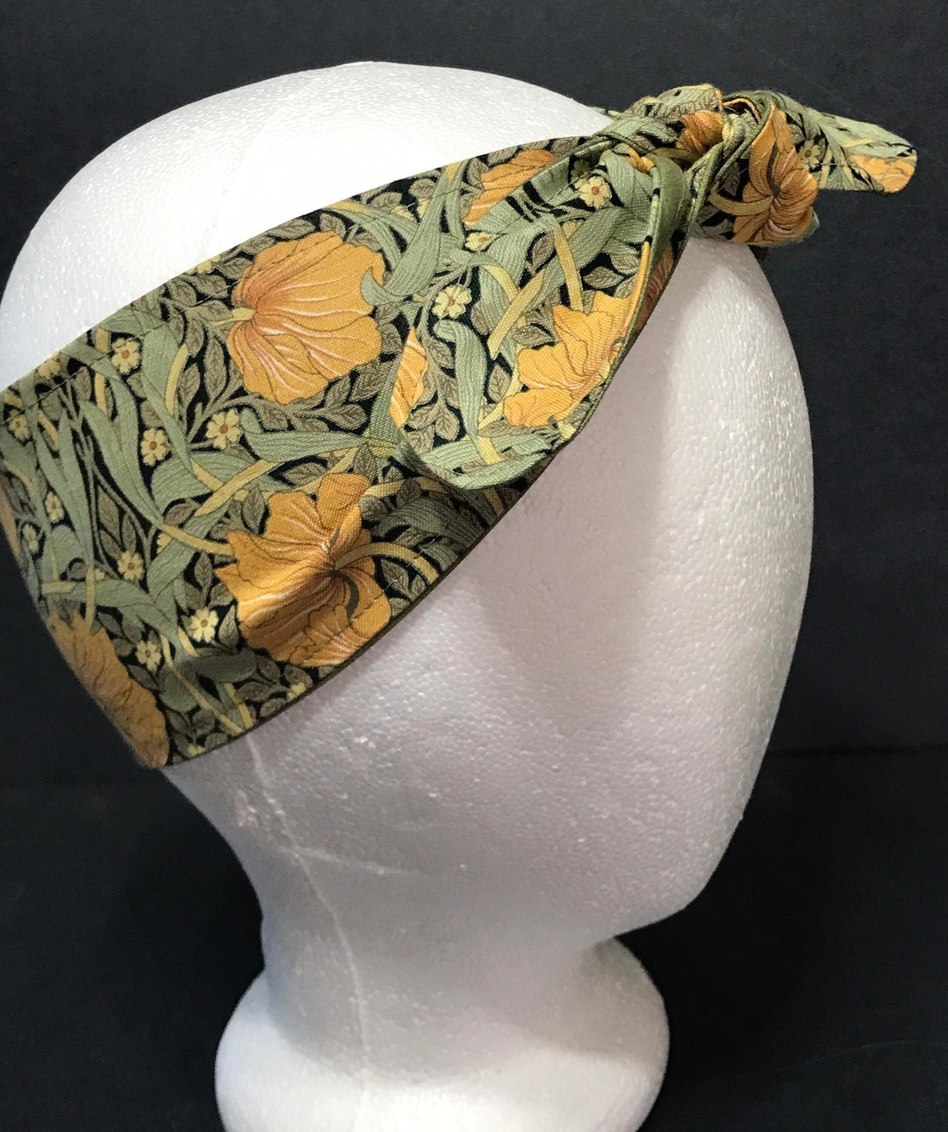 3” Wide William Morris headband, self tie, floral, hair tie, hair wrap, pin up style, retro style