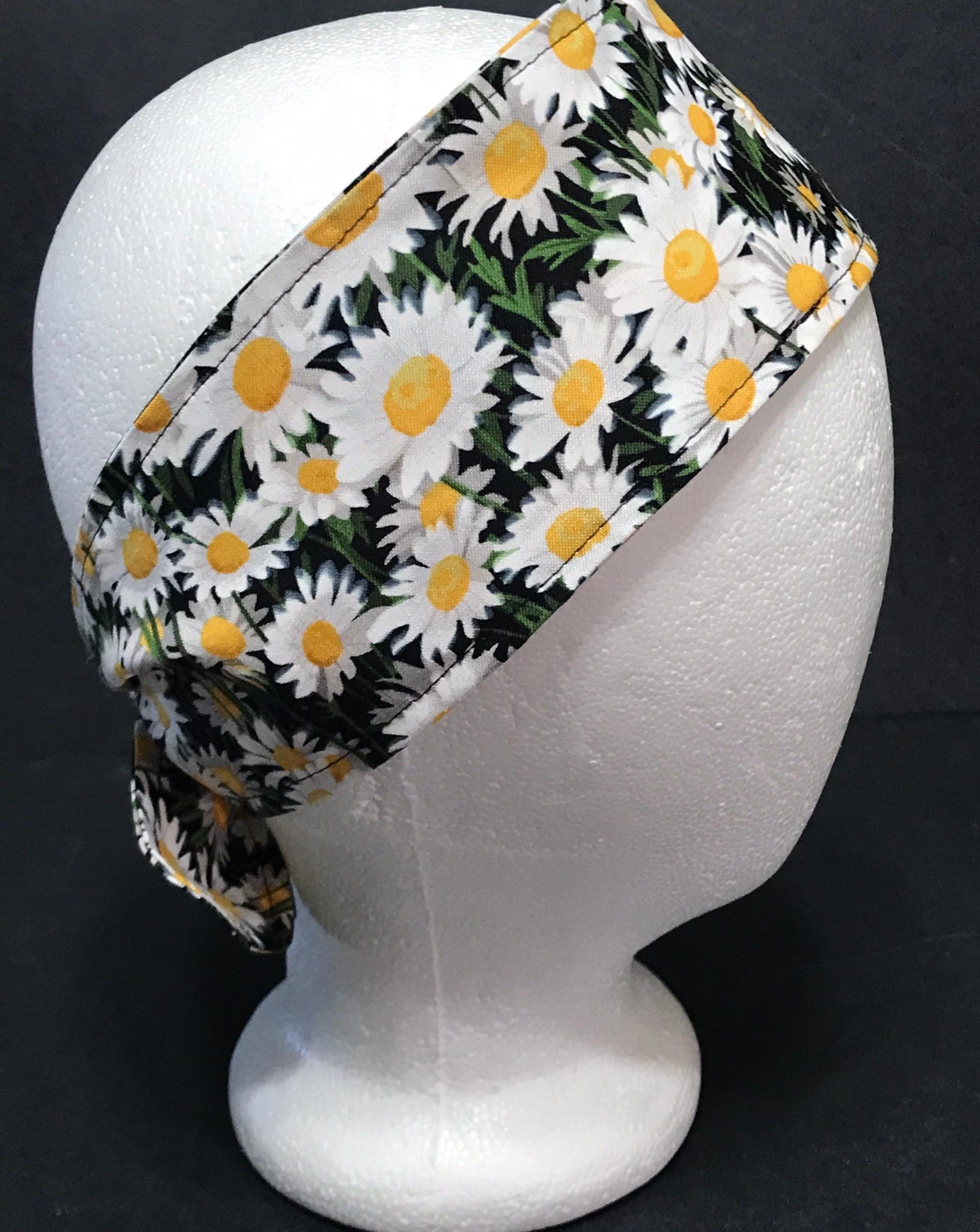 3” Wide Daisies Floral headband, self tie, hair wrap, pin up style, hair tie, retro style, rockabilly
