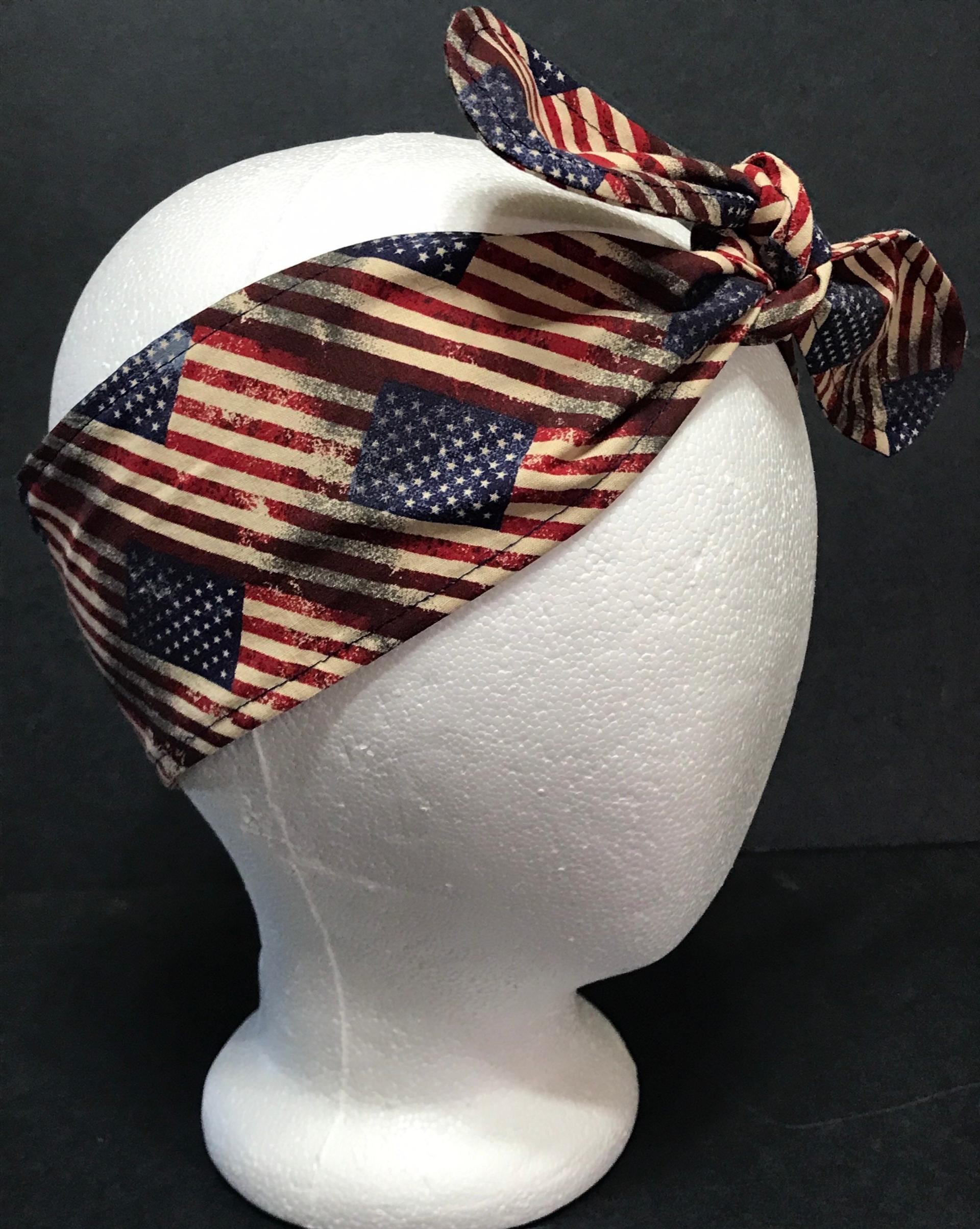 3” Wide American flag headband, self tie, hair wrap, pin up style, hair tie, retro style, rockabilly, stars & stripes
