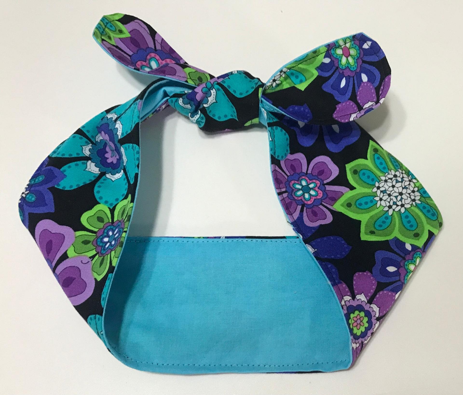3” Wide Reversible Floral headband, hair wrap, pin up, hair tie, retro style, rockabilly, purple blue green black