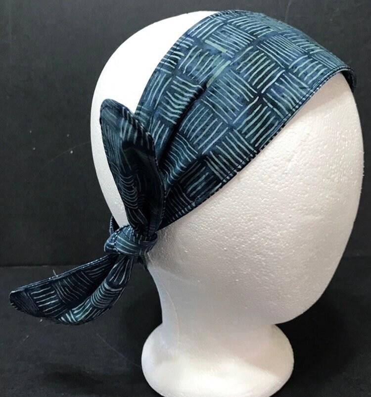 3” Wide Batik Dark Blue Headbands, hair wrap, pin up, hair tie, scarf, bandanaretro style, rockabilly