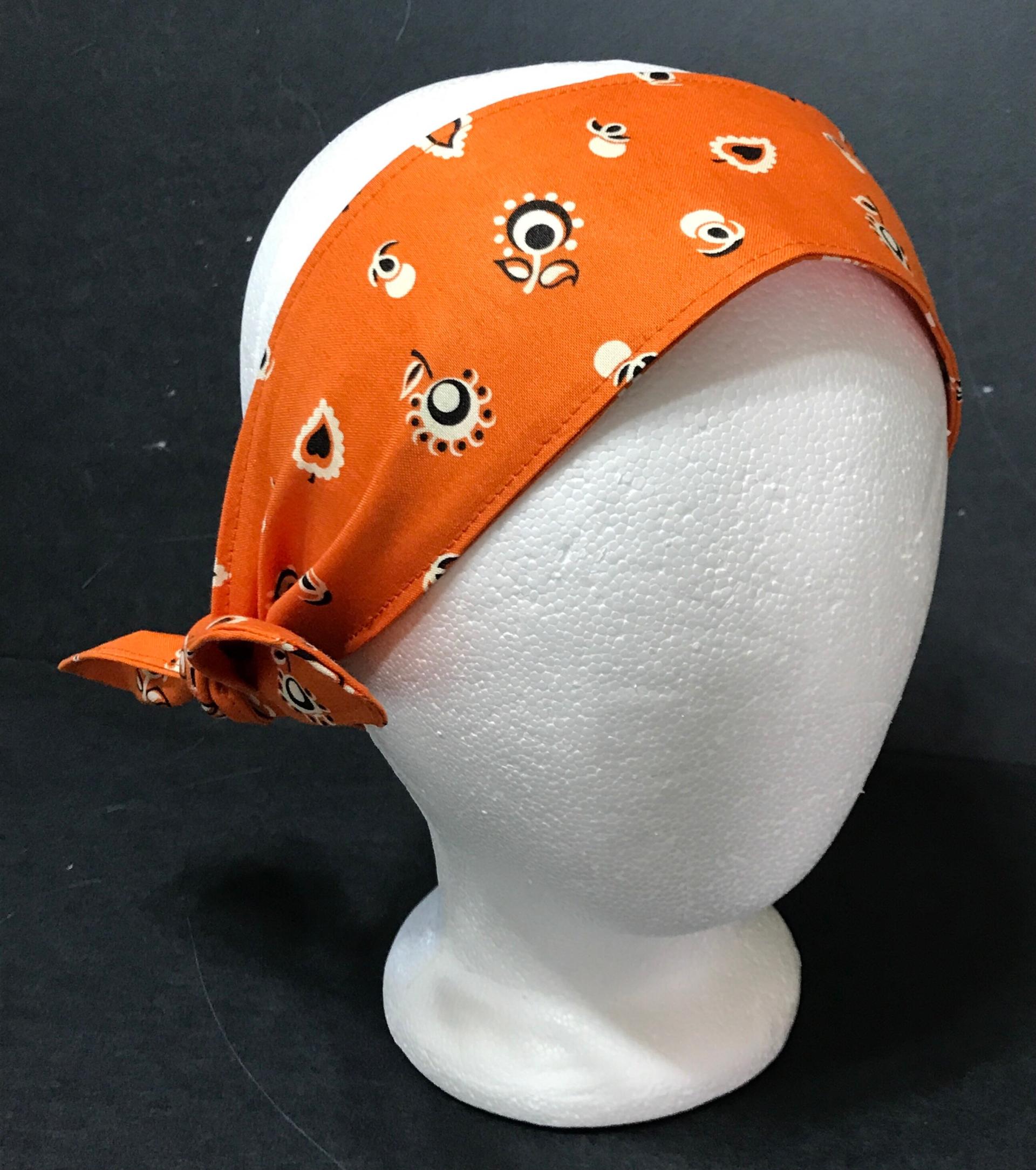 3” Wide Burnt Orange Floral Bandana Print Headband, hair wrap, pin up, hair tie, retro style, rockabilly
