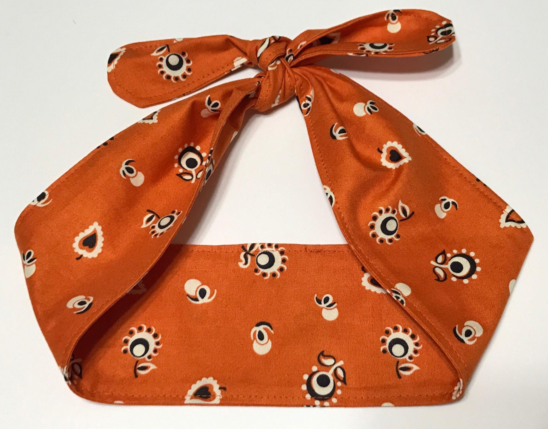 3” Wide Burnt Orange Floral Bandana Print Headband, self tie, hair wrap, pin up style, hair tie, retro style, rockabilly