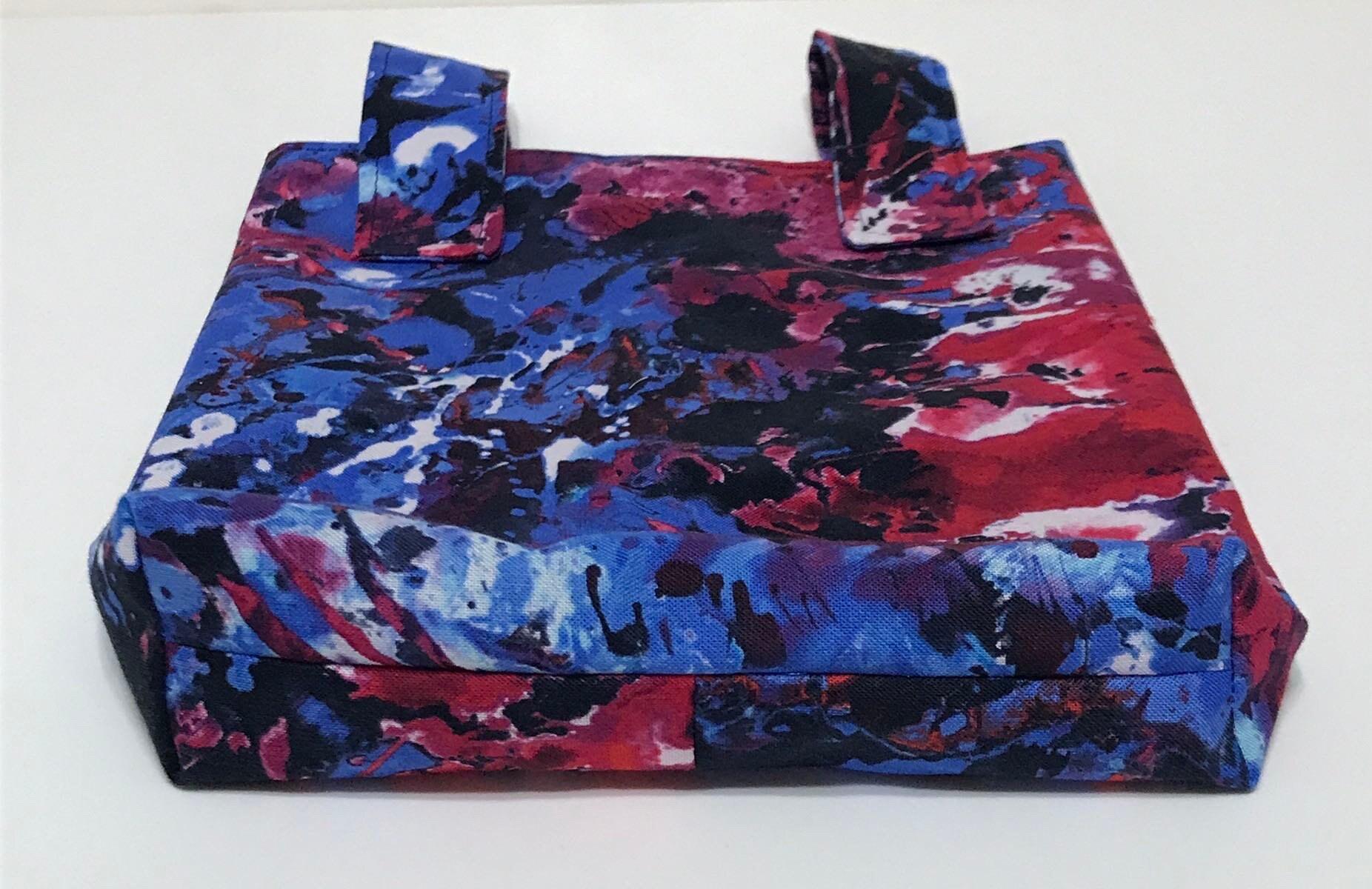 Simple small basic crutch bag, walker bag, scooter handlebars bag, bed rail caddy, hook & loop, red white blue paint splash, hanging bag