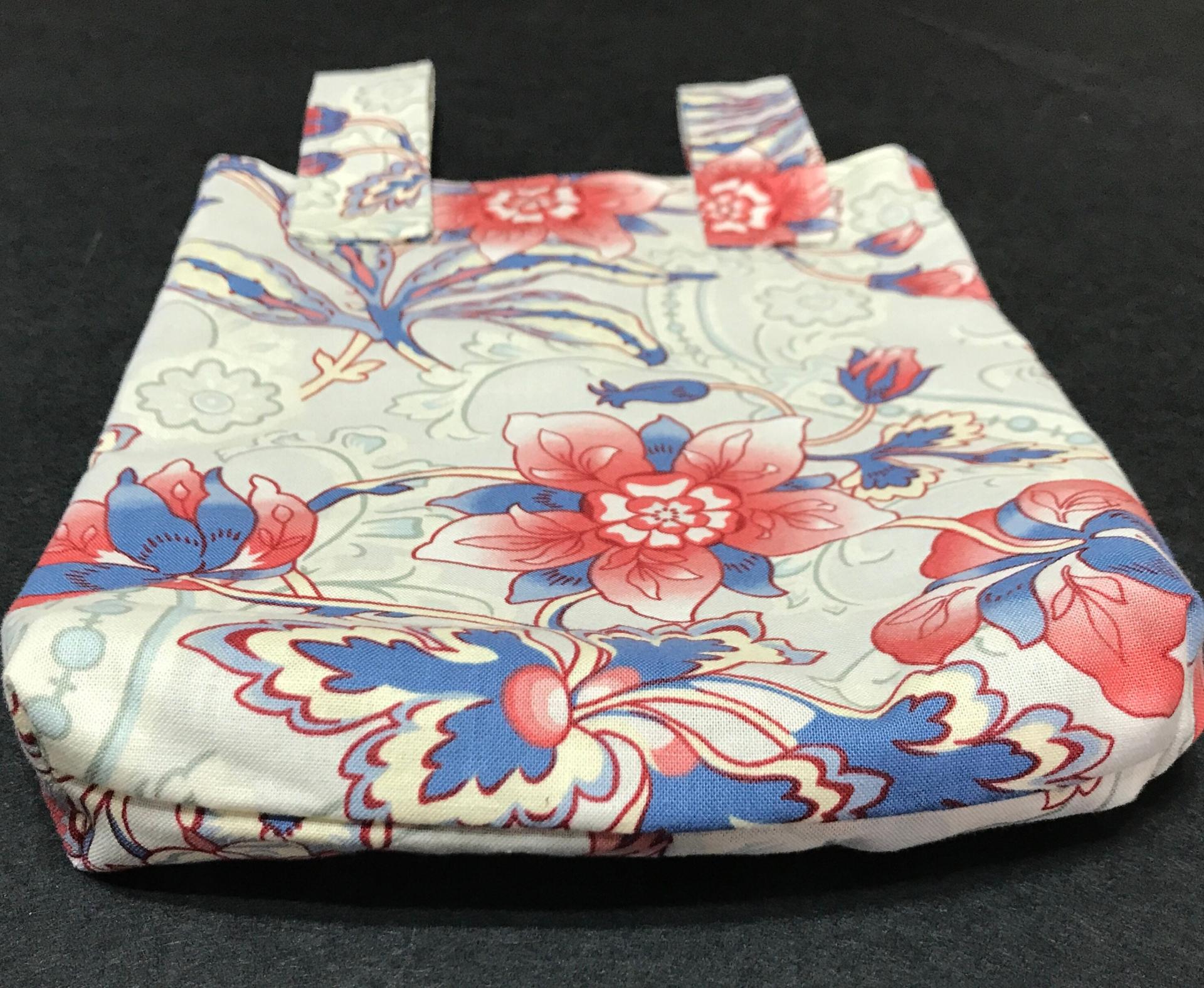Simple small basic crutch bag, walker bag, scooter handlebars bag, bed rail caddy, hook & loop, hanging bag, red white and blue floral