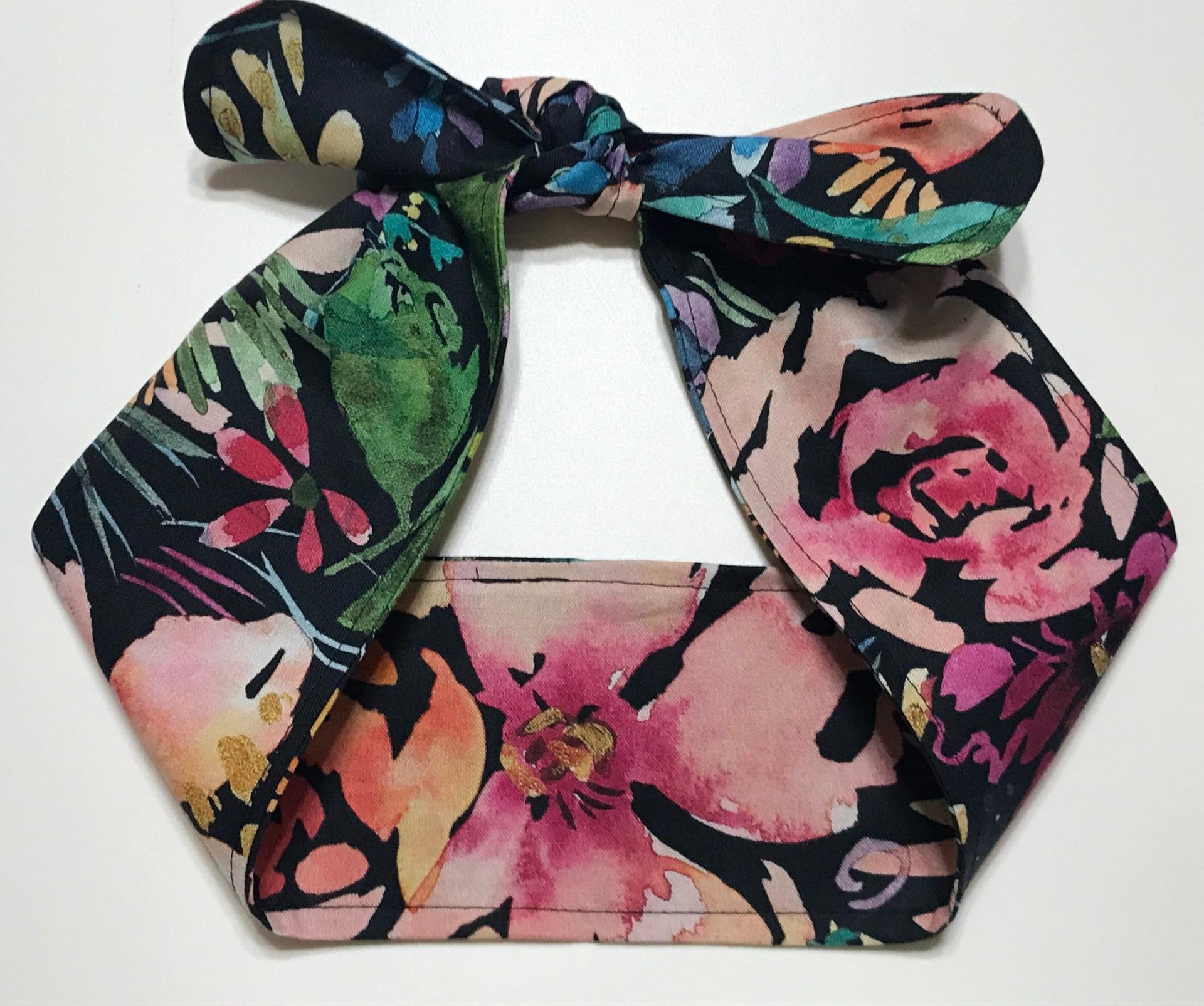 3” Wide Watercolor Floral Headband, self tie, hair wrap, scarf, pin up style, hair tie, retro style, tropical flowers