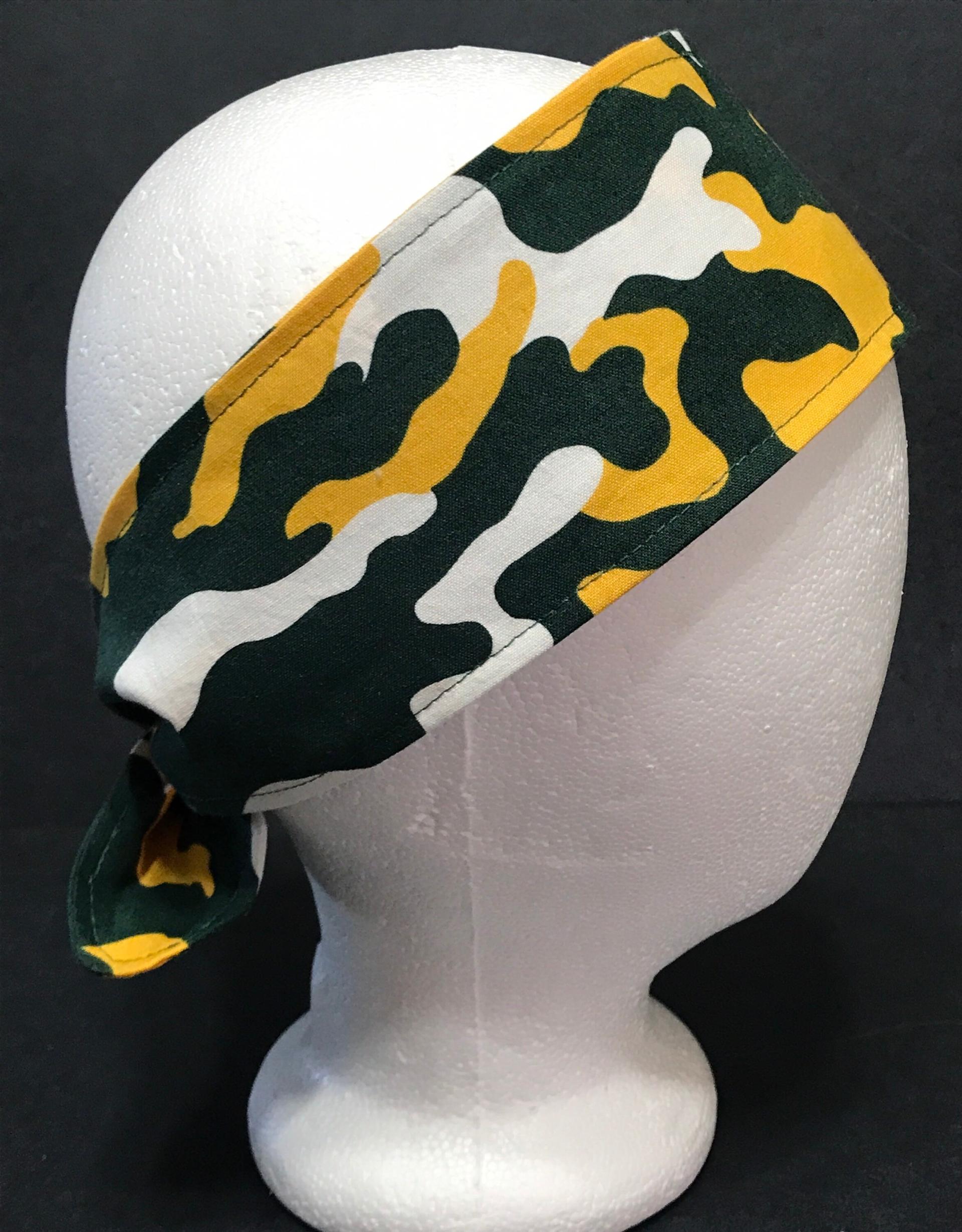 3” Wide Camouflage headband, self tie, hair wrap, pin up style, hair tie, retro style, rockabilly, green yellow white