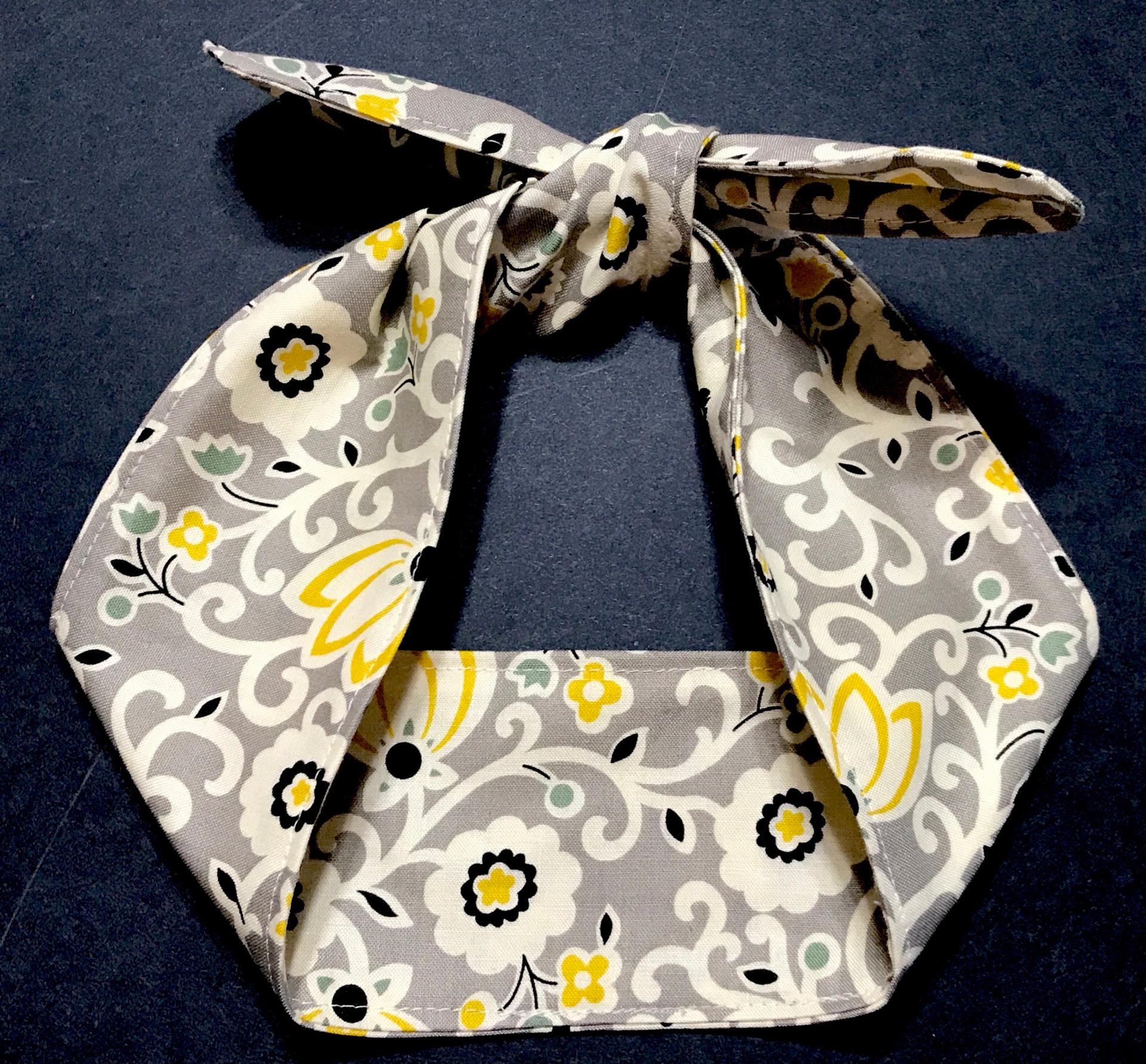 3” Wide Gray and Yellow Floral headband, self tie, hair wrap, pin up style, hair tie, retro style, grey scarf, bandana