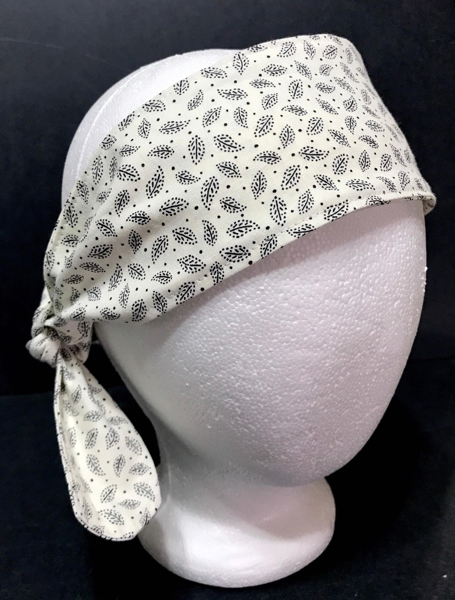 3” W  headband, hair wrap, neutral colors, pin up, hair tie, neck, retro hair accessory, tiny small flowers, leaves, botanical