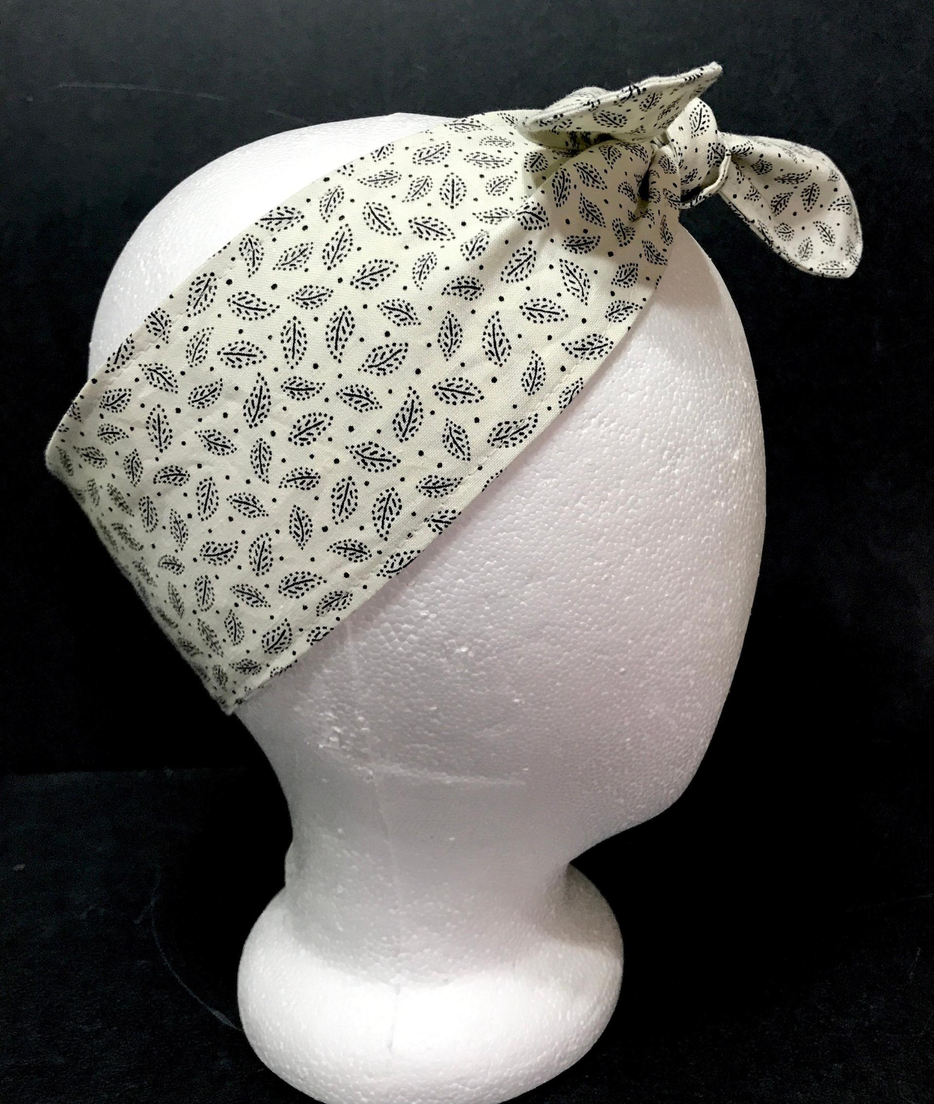 3” W  headband, hair wrap, neutral colors, pin up, hair tie, neck, retro hair accessory, tiny small flowers, leaves, botanical
