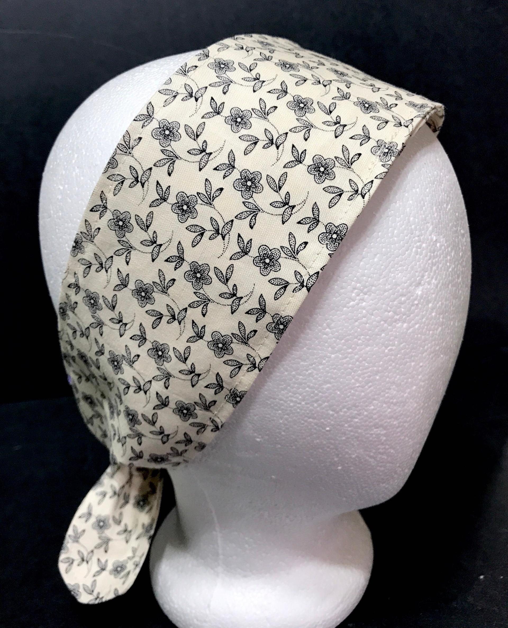 3” W  headband, hair wrap, neutral colors, pin up, hair tie, neck, retro hair accessory, tiny small flowers, leaves, botanical
