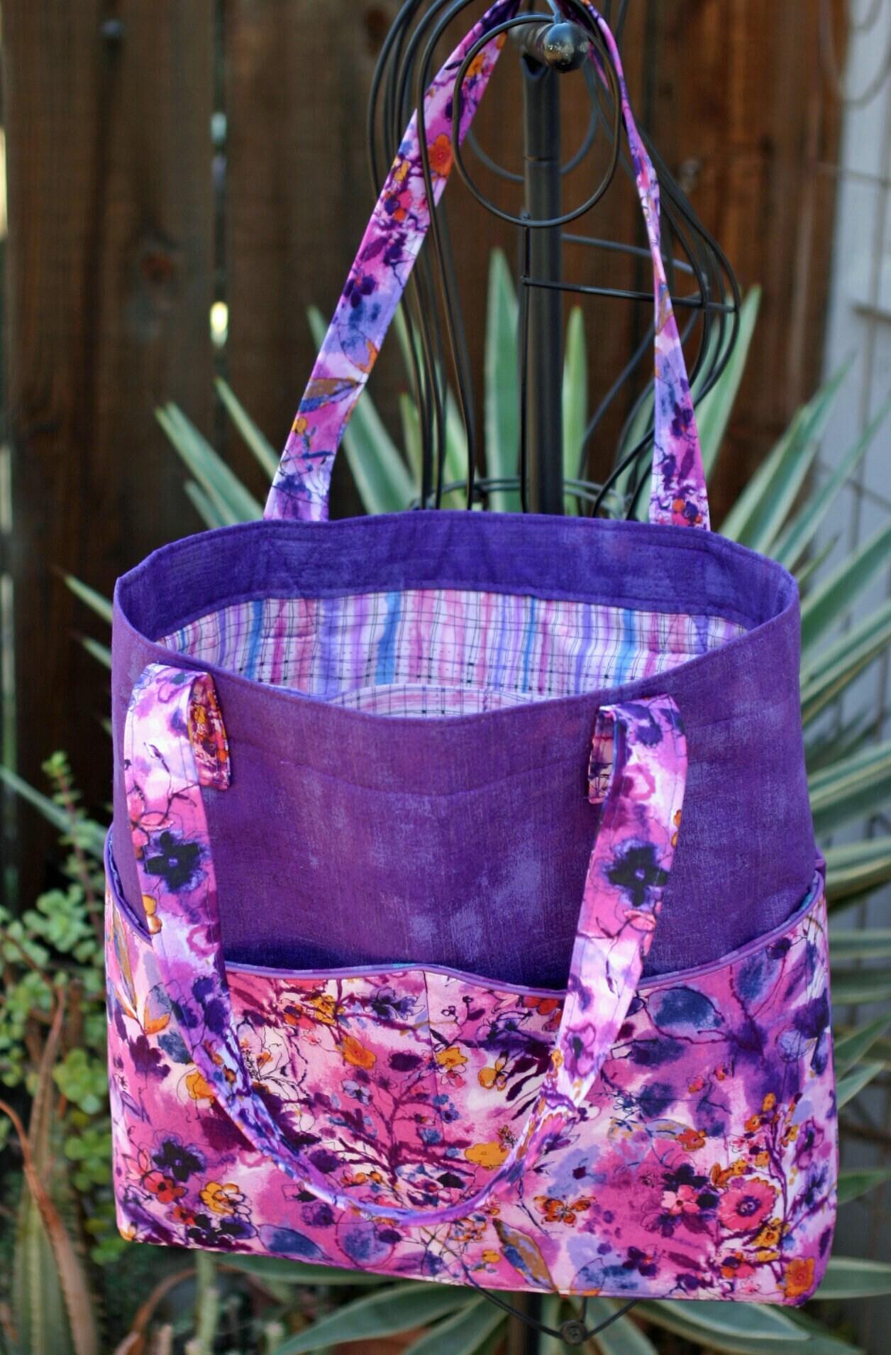 Purple Floral Tote Bag w/ Wavy Pockets, Woman's, Errands, Market Shopping Bag, Flowers, Butterflies