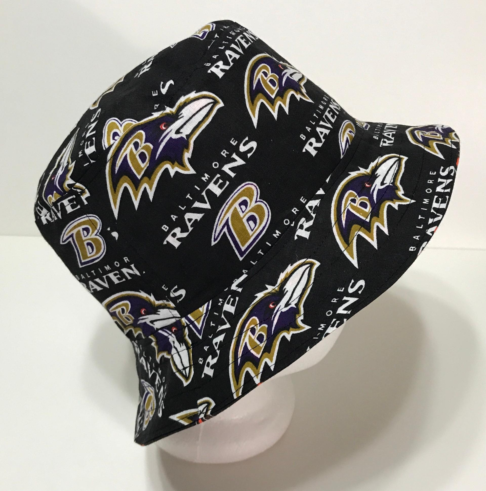 Baltimore Ravens Bucket Hat, Reversible to Black, Sizes S-XXL, Handmade, fishing hat, ponytail hat, sun hat, floppy hat