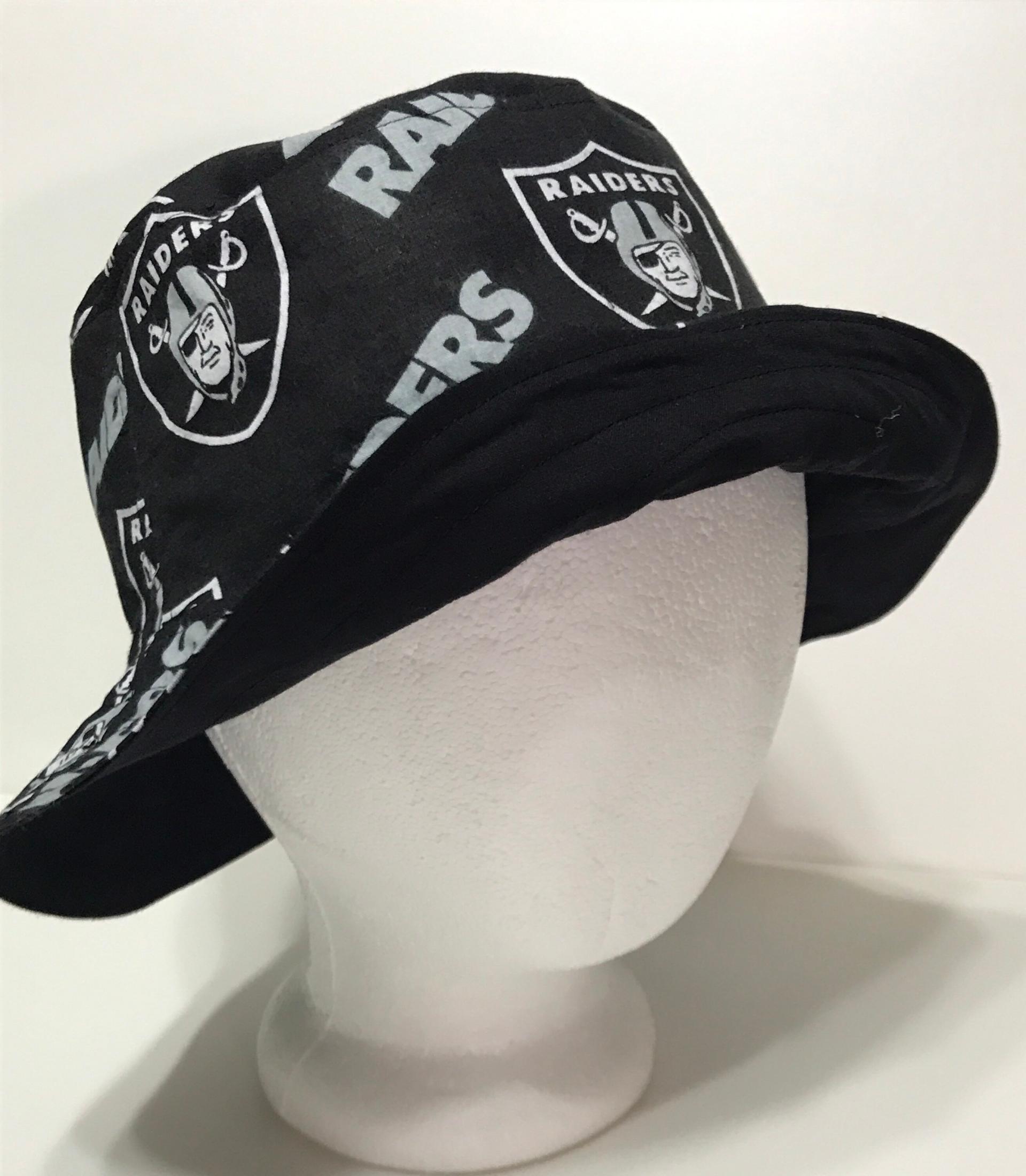 Las Vegas Raiders Bucket Hat, Reversible to Black, S-XXL, Ponytail Option, summer hat, fishing hat, floppy hat, handmade