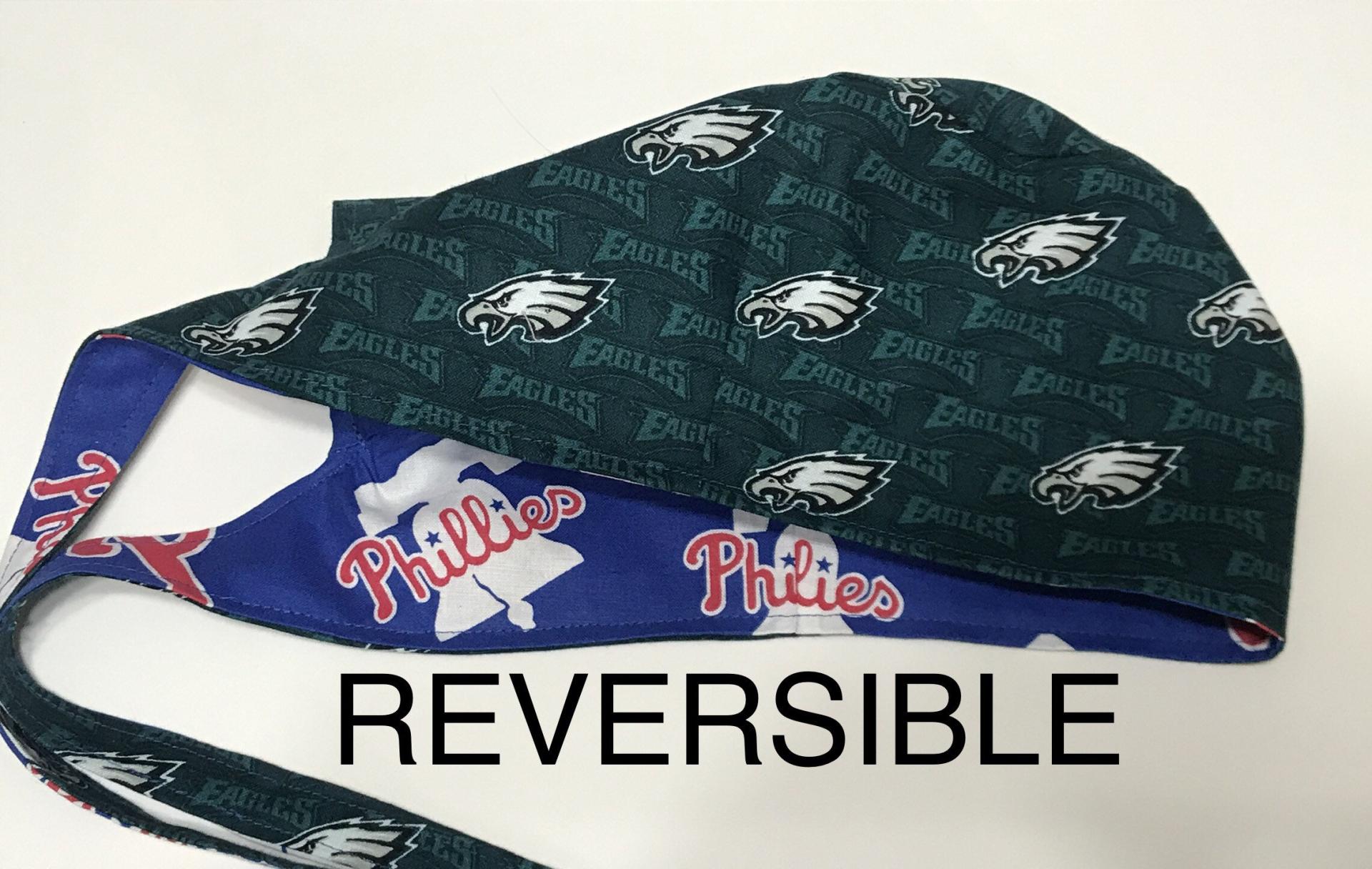 Reversible Philadelphia Phillies / Eagles scrub cap, tie back, skull cap for nurse, technician, welder, food service, biker, handmade