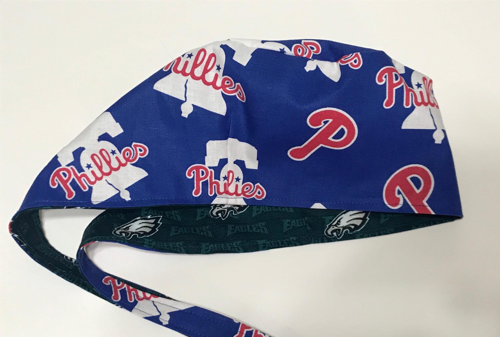 Tie Back, Reversible Philadelphia Phillies / Eagles scrub cap, skull cap for nurse, technician, welder, food service, biker, handmade