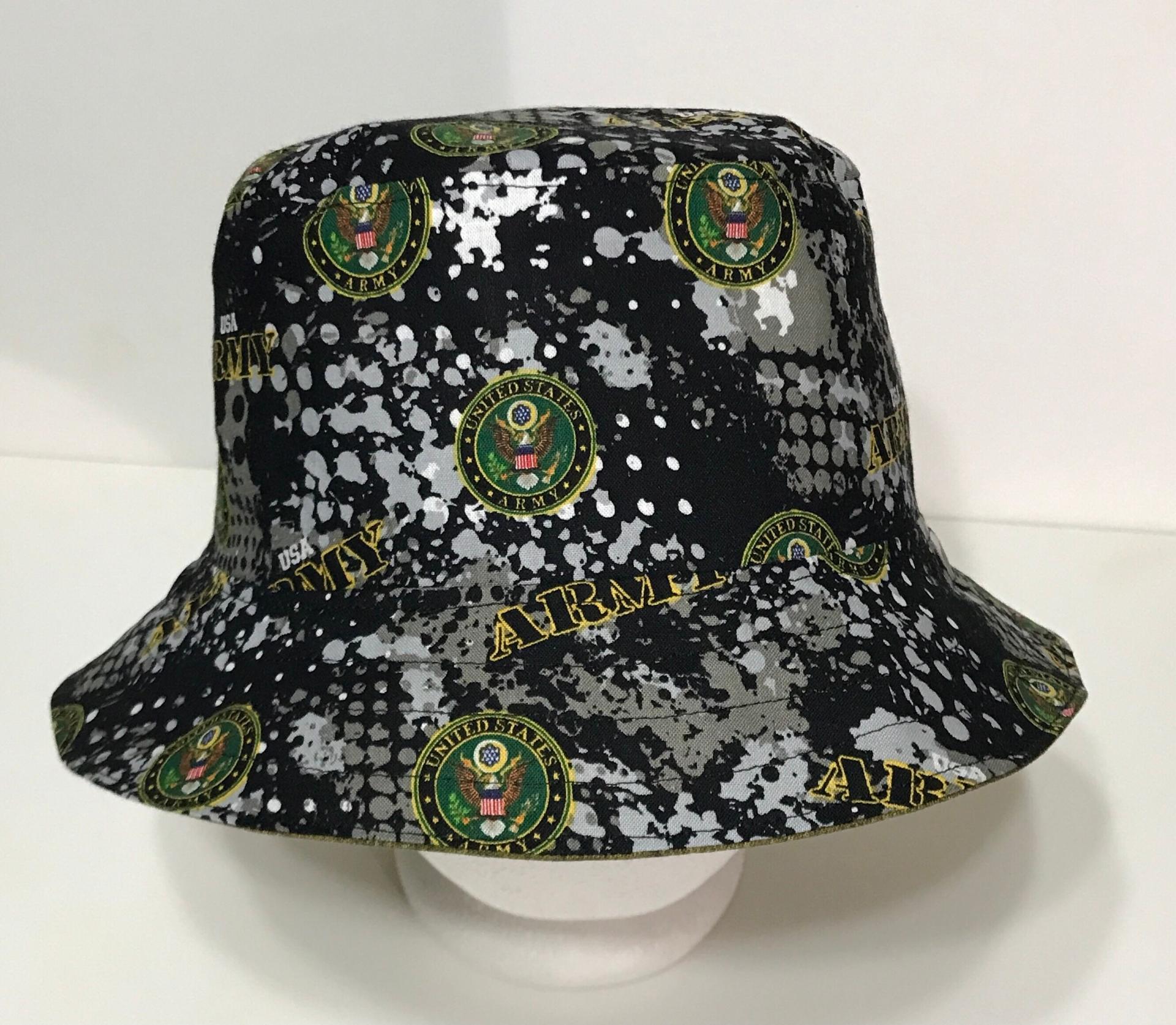 US Army Bucket Hat, Reversible, Military Theme, Handmade, Sizes up to 4XL, cotton, floppy hat, fishing hat, sun hat, gift for army veteran