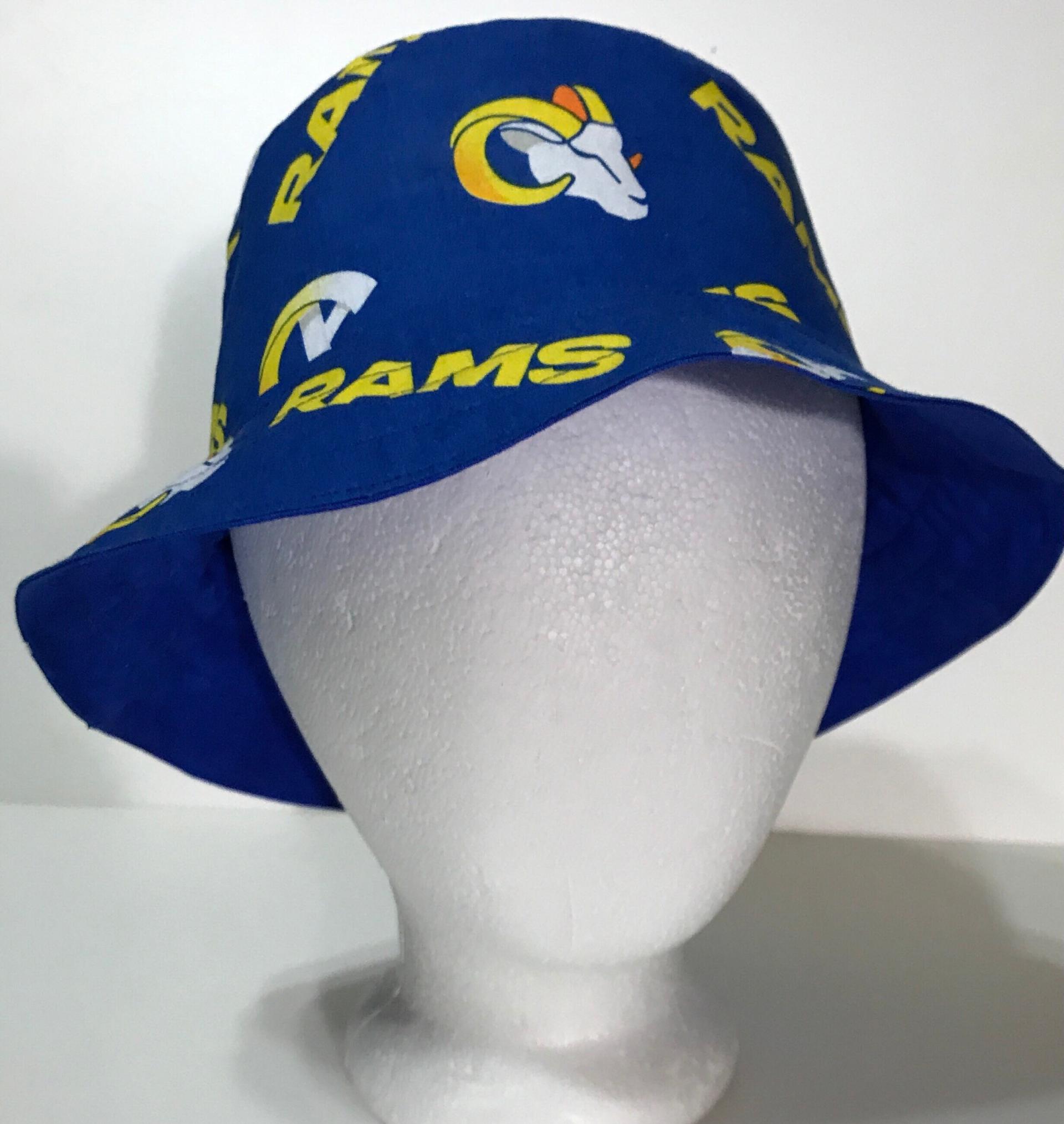 Los Angeles Rams Bucket Hat, Reversible to Blue, Sizes S-XXL, summer hat, fishing hat, floppy hat, ponytail hat, handmade