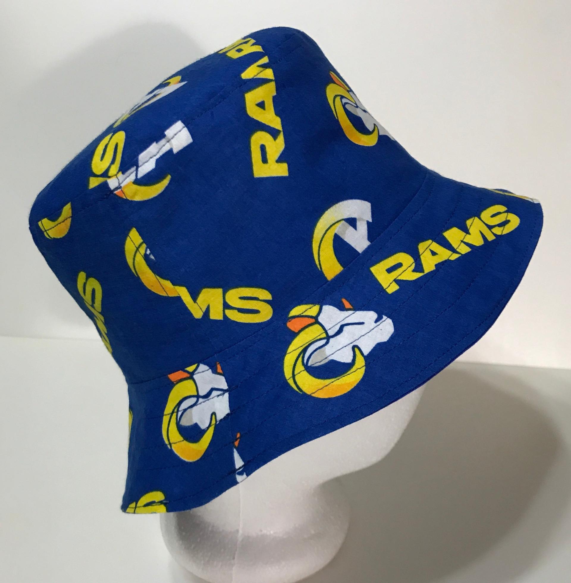 Los Angeles Rams Bucket Hat, Reversible to Blue, Sizes S-XXL, summer hat, fishing hat, floppy hat, ponytail hat, handmade