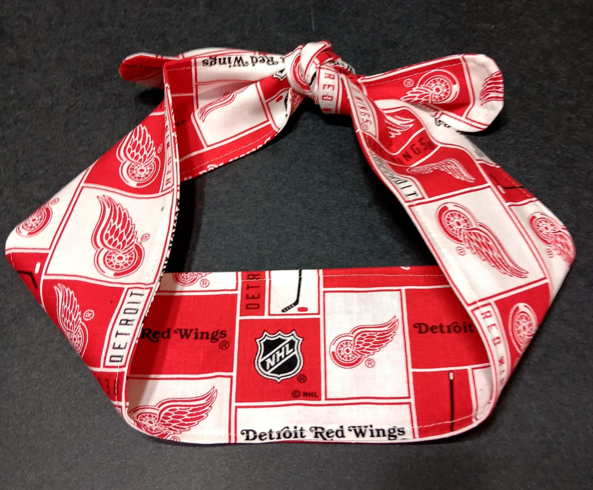 3” Wide Detroit Red Wings headband, self tie, hair wrap, pin up style, hair tie, bandana, scarf, retro style, rockabilly, hockey, handmade