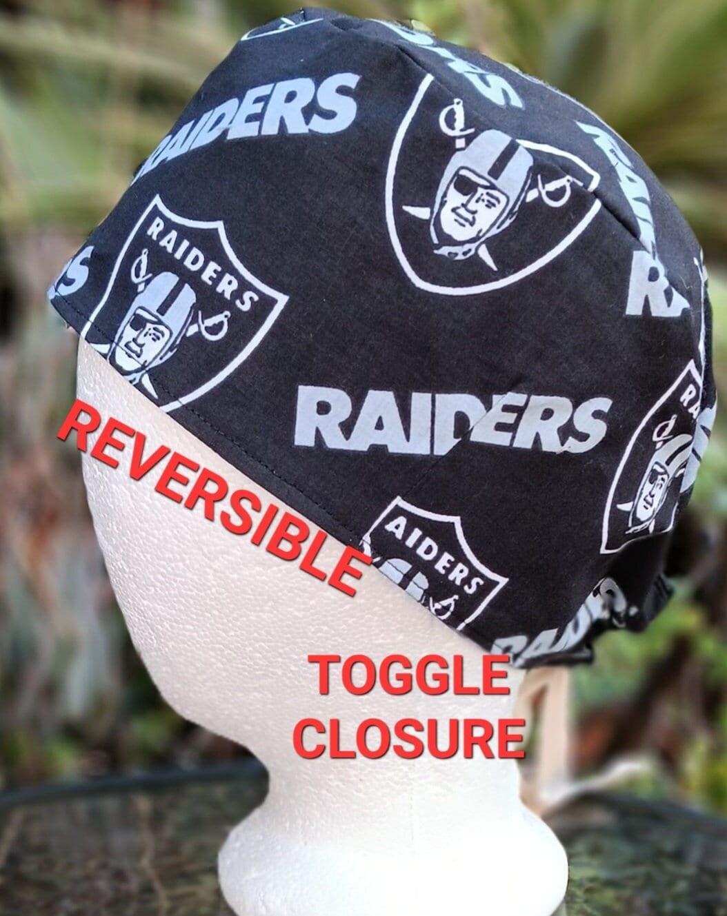 Reversible Las Vegas Raiders scrub cap, adjustable with toggle cord lock, unisex, nurse, technician, food service, football, handmade