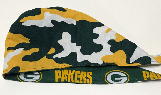 Reversible Green Bay Packers & Camouflage scrub cap, tie back, cotton, skull cap, welding cap, for nurse tech technician doctor, handmade