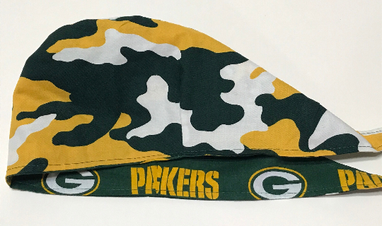 Reversible Green Bay Packers & Camouflage scrub cap, tie back, Wisconsin, cotton, skull cap, welding cap, for nurse tech technician doctor, handmade