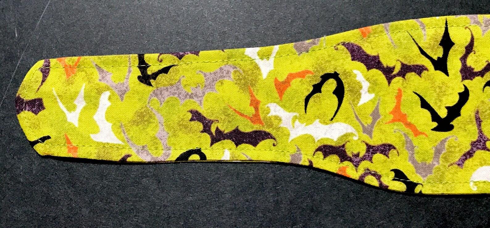 3” Wide Flying Bats headband for Halloween, green, self tie, hair wrap, pin up style, hair tie, hat scarf