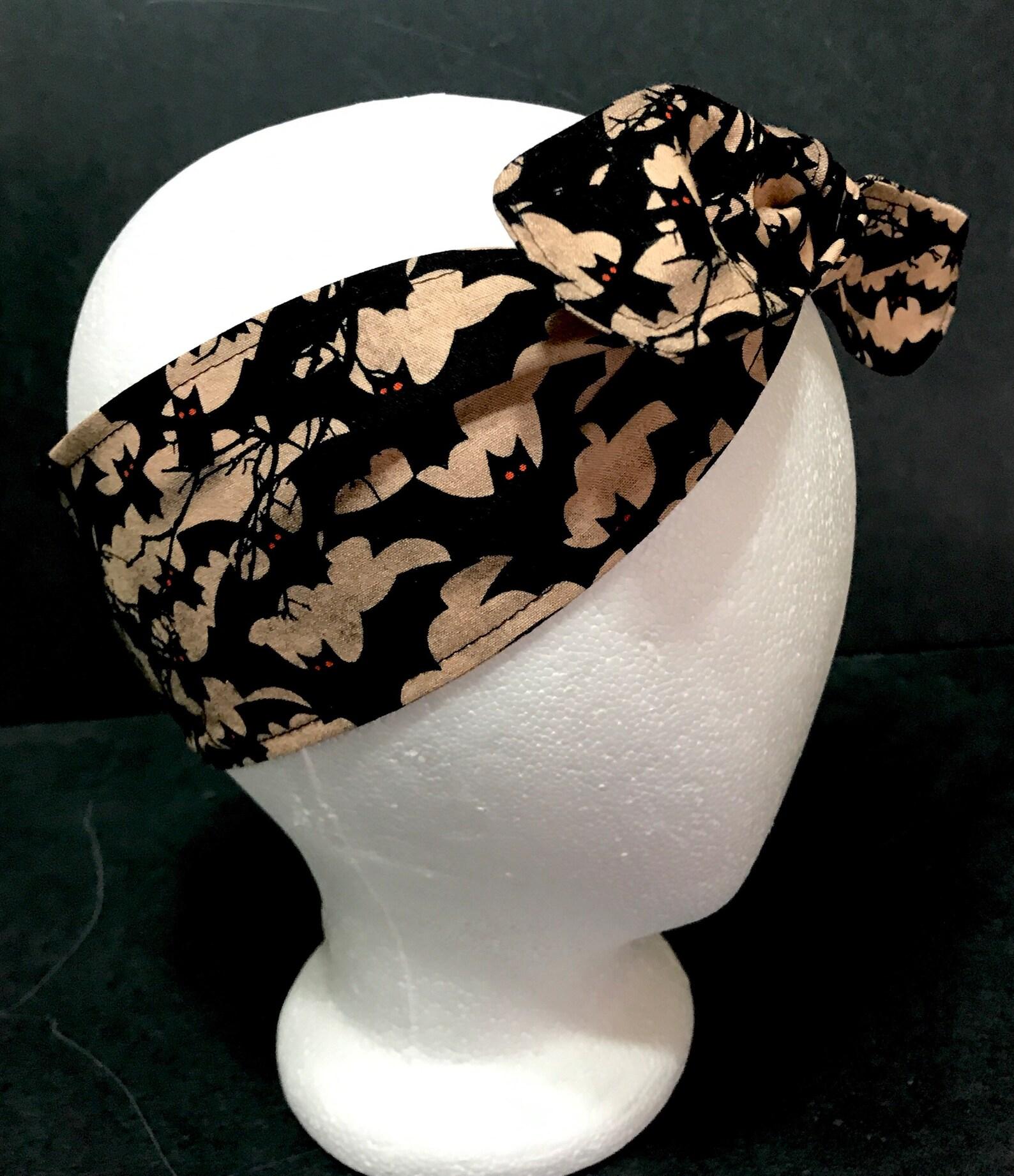 3” Wide Flying Bats headband for Halloween, hair wrap, top knot, hair tie, pin up, retro, rockabilly, purse scarf, black and tan