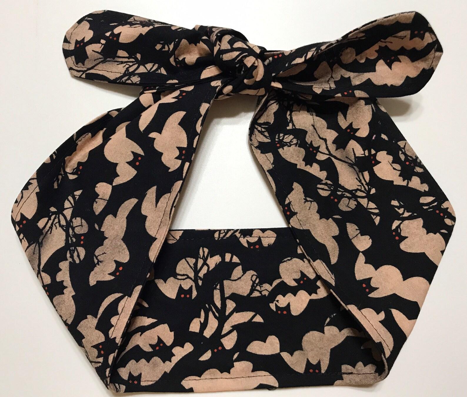 3” Wide Flying Bats headband for Halloween, hair wrap, top knot, hair tie, pin up, retro, rockabilly, hat band, black and tan