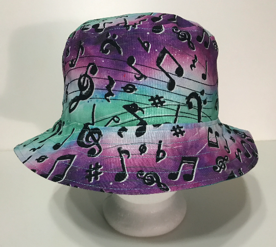 Music Theme Bucket Hat, Musical Notes & Symbols, Reversible, Sizes S-XXL, cotton, floppy hat, aqua purple black white, adults or older children