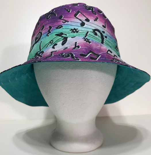 Music Theme Bucket Hat, Musical Notes & Symbols, Reversible, Sizes S-XXL, cotton, floppy hat, aqua purple black white, adults or older children