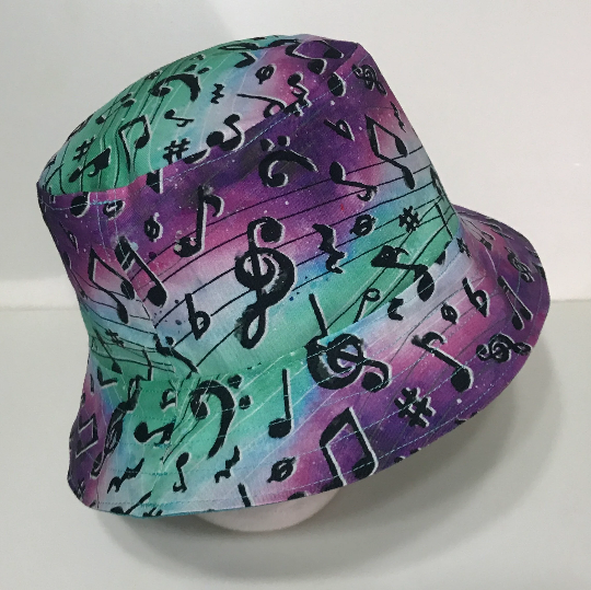 Music Theme Bucket Hat, Musical Notes & Symbols, Reversible, Sizes S-XXL, cotton, floppy hat, aqua purple black white, adults or older children