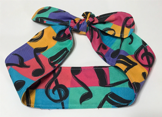3” Wide Music Theme bright multicolored head band, hair wrap, headband, pin up, hair tie, retro hair accessory, rockabilly