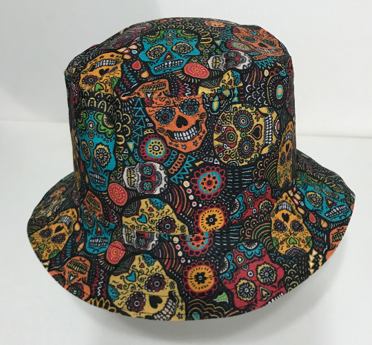 Sugar Skulls Bucket Hat, Multicolor, Reversible, Unisex Sizes S-XXL, cotton, summer hat, fishing hat, ponytail sun hat, floppy hat, calaveras, Día de los Muertos