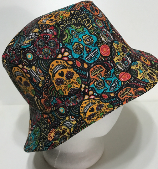 Sugar Skulls Bucket Hat, Day of the Dead or Día de los Muertos, reversible fishing hat, ponytail hat, sun hat, calaveras floppy hat