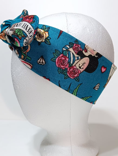 3” Wide Sailor Tattoo Theme, skulls, headband, hair wrap, hair tie, head wrap, scarf, pin up, retro, rockabilly stye