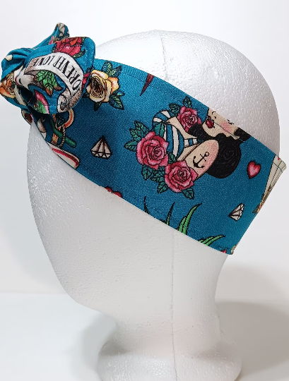 3” Wide Sailor Tattoo Theme headband, self tie, hair wrap, hair tie, head wrap, scarf, skulls, pin up, retro, rockabilly style