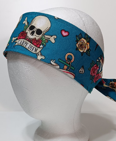 3” Wide Sailor Tattoo Theme, skulls, headband, hair wrap, hair tie, head wrap, scarf, pin up, retro, rockabilly stye