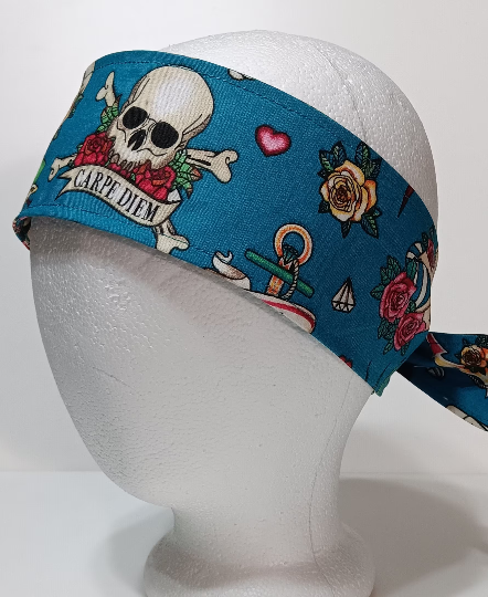 3” Wide Sailor Tattoo Theme headband, self tie, hair wrap, hair tie, head wrap, scarf, skulls, pin up, retro, rockabilly style