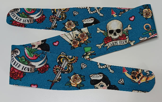 3” Wide Sailor Tattoo Theme, skulls, headband, hair wrap, hair tie, head wrap, scarf, pin up, retro, rockabilly stye