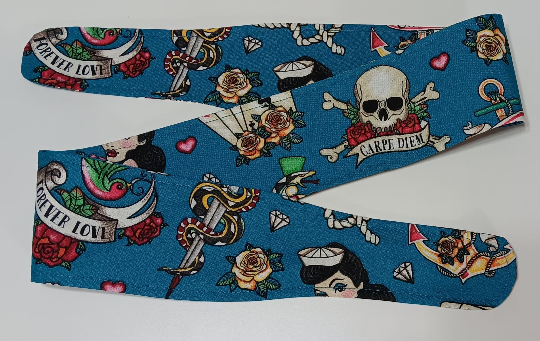 3” Wide Sailor Tattoo Theme headband, self tie, hair wrap, hair tie, head wrap, scarf, skulls, pin up, retro, rockabilly style