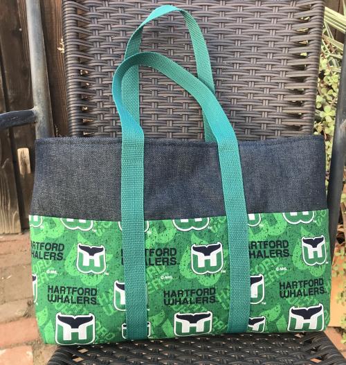 Hartford Whalers small tote bag, denim, heavy duty, six exterior pockets, handmade