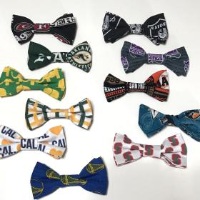 Adult size bow tie, adjustable strap, Northern CA, cotton fabric, Oakland A's, elephants, 49ers, Sacramento Kings, SJ Sharks, Warriors, SF Giants, Raiders, team colors